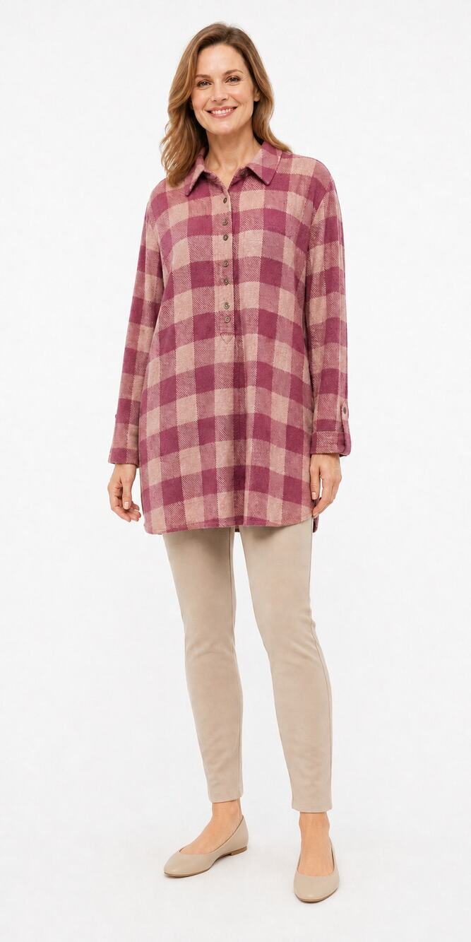 Soft surroundings purple popover tunic flannel roll tab length XL